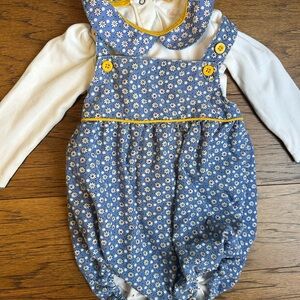 Baby Boden Blue Floral Romper with White Sleeves